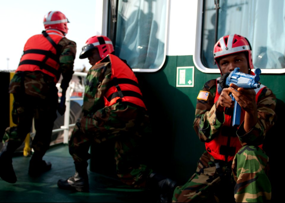 Liberian coast guardsmen participate in maritime interdiction training aboard the Spanish Civil Guard patrol ship Rio Segura March 9, 2014, in Dakar, Senegal, during exercise Saharan Express 2014 140309-N-QY759-116