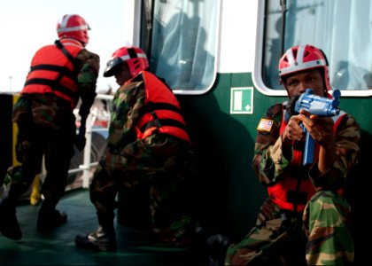 Liberian coast guardsmen participate in maritime interdiction training aboard the Spanish Civil Guard patrol ship Rio Segura March 9, 2014, in Dakar, Senegal, during exercise Saharan Express 2014 140309-N-QY759-116
