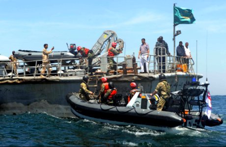 Liberian sailors board the Mauritanian navy patrol boat Limam Elhadrami (P601) March 11, 2013, in Dakar, Senegal, during exercise Saharan Express 2013 130311-N-IY142-423