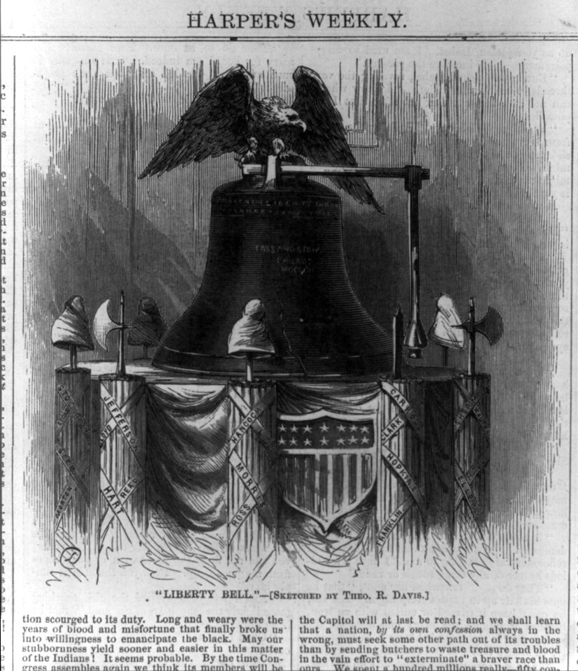 Liberty Bell (resting upon dais ringed with liberty caps and fasces topped by eagle, Independence Hall, Phila.) LCCN99614244