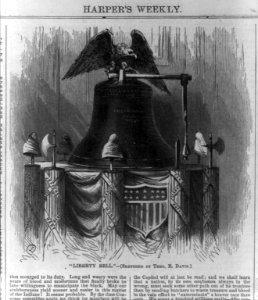 Liberty Bell (resting upon dais ringed with liberty caps and fasces topped by eagle, Independence Hall, Phila.) LCCN99614244