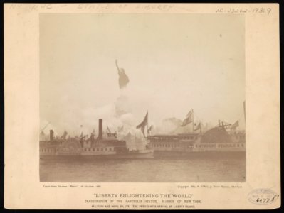 Liberty enlightening the world-Inauguration of the Bartholdi Statue, Harbor of New York-Military and naval salute, the President's arrival at Liberty Island LCCN97502746