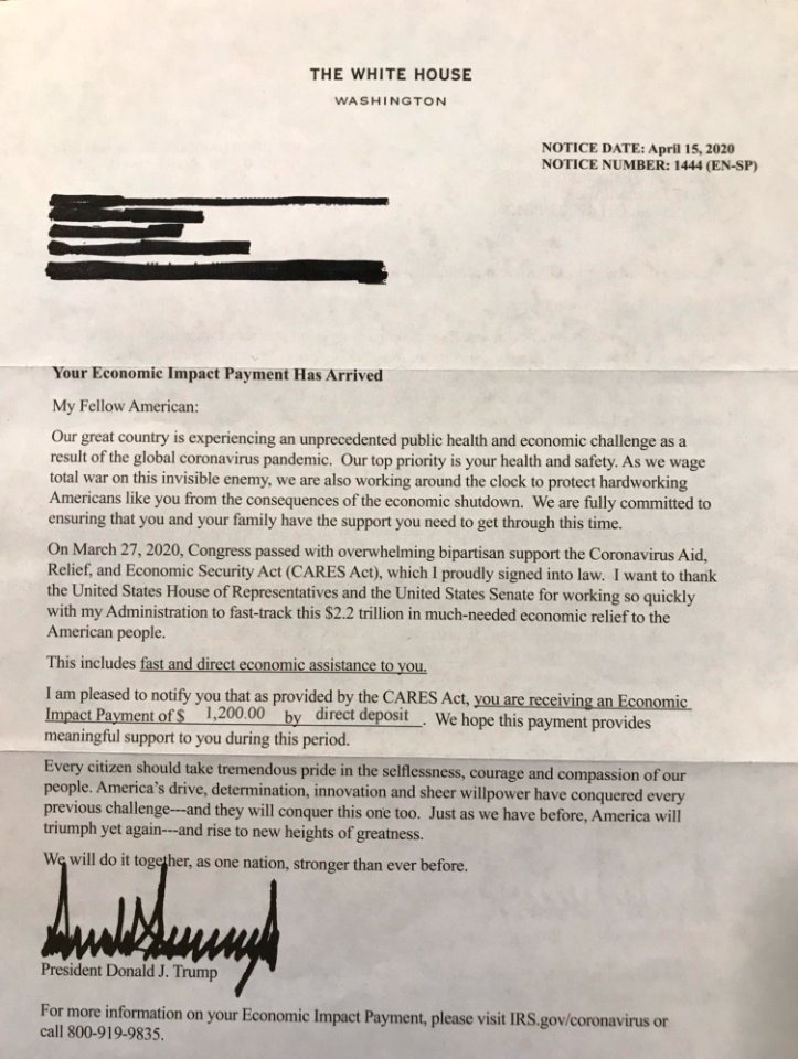 Letter sent to those with direct deposit after CARES Act