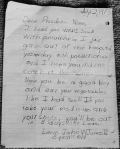 Letter to the President from John W. James III, an eight year old child, also recently hospitalized for viral pneumonia - NARA - 194533