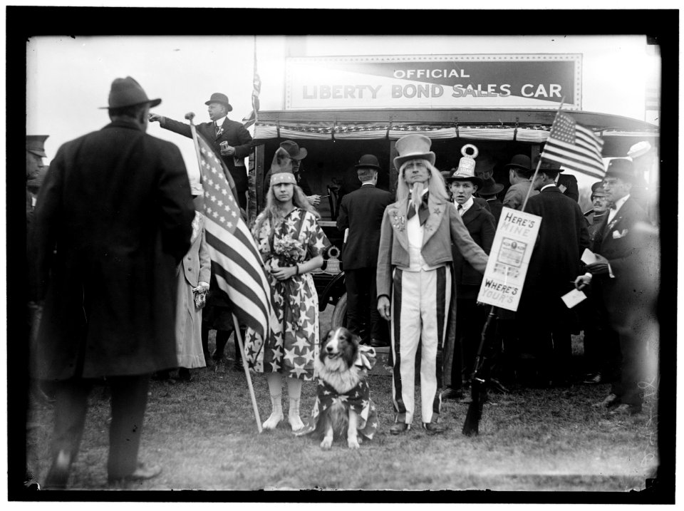 LIBERTY LOANS. LIBERTY BOND SALES CAR; JOHN N. STEVENSON AS 'UNCLE SAM,' AND GIRLIN STAR-SPANGLED DRESS LCCN2016869100