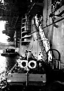 Liberty party leaves USS Valley Forge (CV-45) at Sasebo in 1950