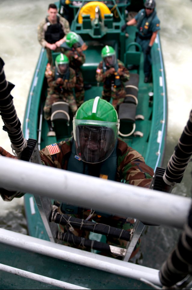 Liberian service members practice boarding the Spanish Civil Guard patrol ship Rio Segura March 8, 2014, in Dakar, Senegal, during exercise Saharan Express 2014 140308-N-QY759-237
