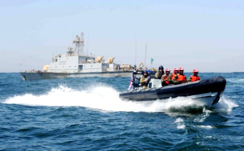 Liberian sailors depart the Mauritanian navy patrol boat Limam Elhadrami (P601) aboard a Royal Navy rigid-hull inflatable boat March 11, 2013, in Dakar, Senegal, after conducting a boarding drill during exercise 130311-N-IY142-607