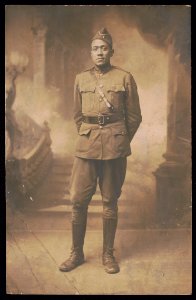Lieutenant Wesley Herbert Jamison of 351st Machine Gun Battalion, 92nd Infantry Division in uniform and overseas cap in front of painted backdrop LCCN2017648696