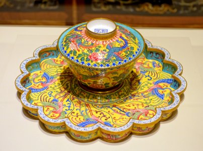 Lidded cup and lobed tray with phoenixes and peonies, China, Imperial Workshop, Beijing, Qianlong period, 1736-1795 AD, enamels on copper alloy, gilding - Peabody Essex Museum - DSC07945