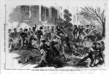 Lieutenant Tompkins, at the head of Company B, U.S. Dragoons, charging into town at Fairfax Court House, killing thirty of the enemy and carrying off five prisoners, in the face of fifteen LCCN99614100