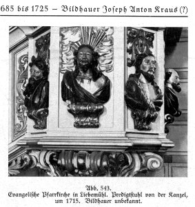 Liebemühl, Evangelische Pfarrkirche, Kanzel, um 1715, Bildhauer Joseph Anton Kraus (zugeschrieben)