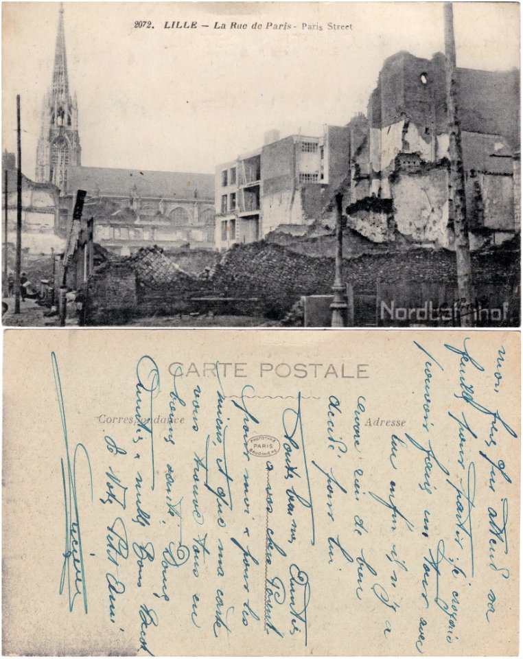 Lille - Les destructions après le siège de la Ville en octobre 1914. — Croisement des rues du Molinel, du Dragon et de Paris. vº- rº