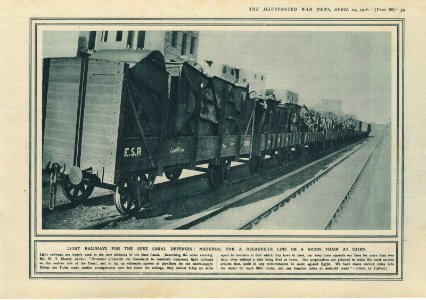 Light Railways for the Suez Canal Defences - Material for a Decauville Line on a Goods Train a Cairo - The Illustrated War News, 12 April 1916 - Part 88 - Page 39