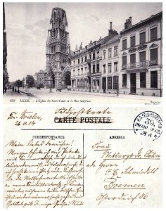 LILLE église du Sacré Cœur et rue Solférino. Courrier d'un soldat allemand durant la 1ère Guerre Mondiale 1915. Feldpost karte
