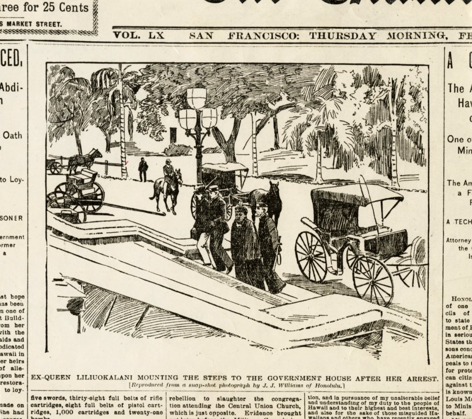 Liliuokalani entering palace for trial of 1895 (PP-98-12-005, newspaper)