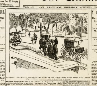 Liliuokalani entering palace for trial of 1895 (PP-98-12-005, newspaper)