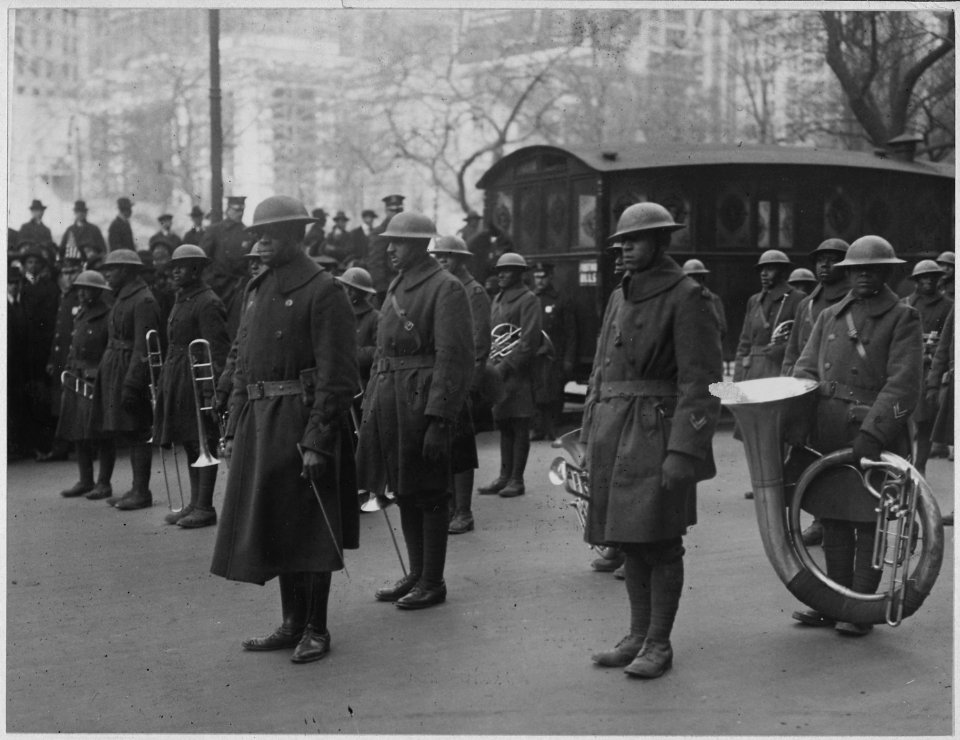 Lieutenant James (Reese) Europe and his famous band of the 369th Infantry in the parade in Fifth Ave . . . - NARA - 533522