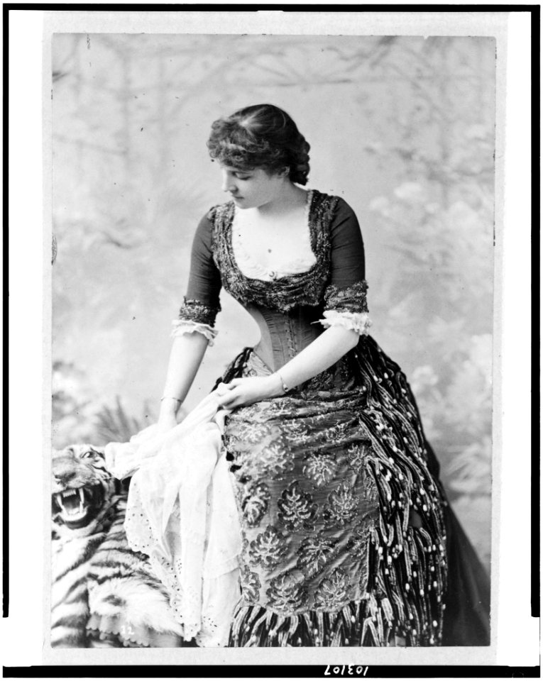 Lillie Langtry, three-quarter-length portrait, seated, facing left, next to tiger rug LCCN91727660