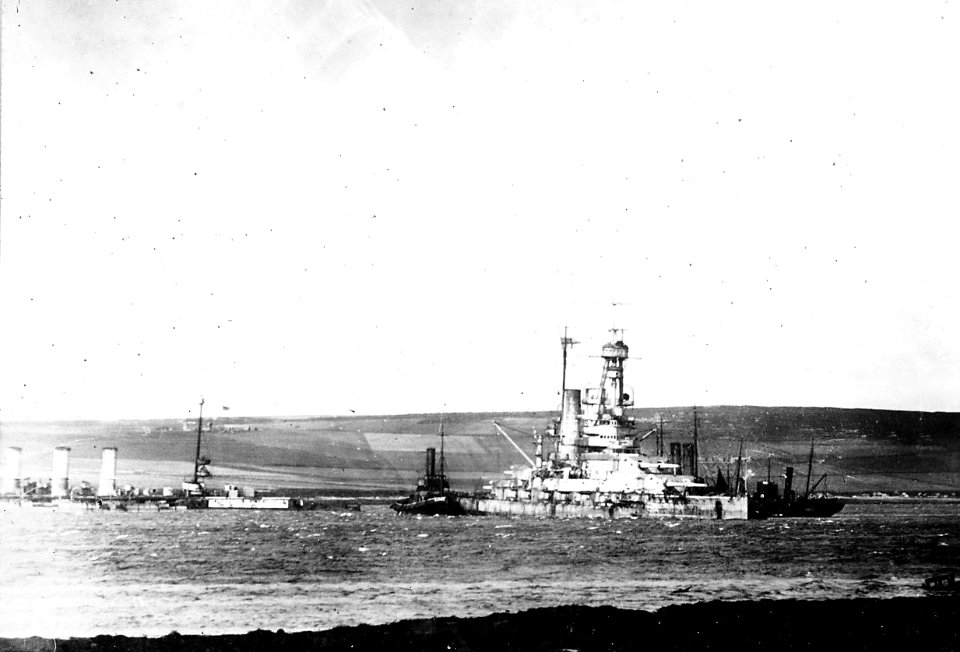 Light cruiser FRANKFURT (left) and battleship BADEN (right) aground in Scapa Flow, circa 21 June 1919