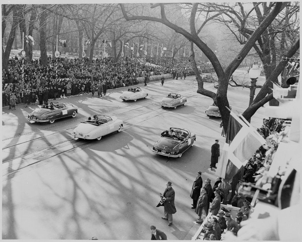 Limousines carrying dignitaries in President Truman's inaugural parade. - NARA - 200042