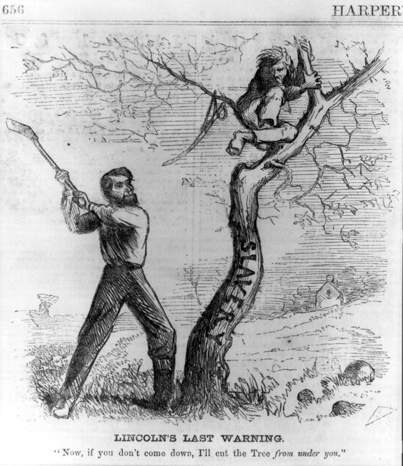 Lincoln's Last Warning (Pres. Lincoln about to cut down tree (slavery) - warning a man to come down from the tree) LCCN99614200