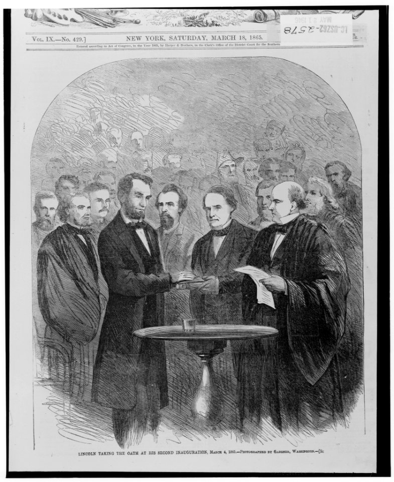 Lincoln taking the oath at his second inauguration, March 4, 1865 LCCN00650937