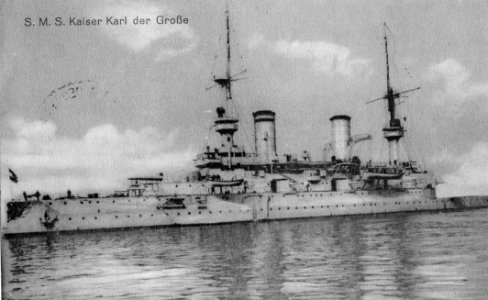 Linienschiff SMS KAISER KARL DER GROSSE. Feldpostkarte von Georg Cording, Vorpostendampfer VORWÄRTS, Wilhelmshaven vom 15. Dezember 1915 an Mariechen Westerholt, Osternburg im Großherzogtum Oldenburg