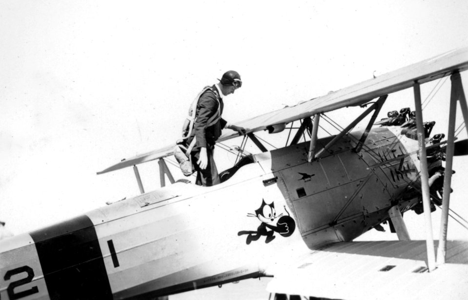 Lindbergh in F3B on USS Saratoga (CV-3) 1928