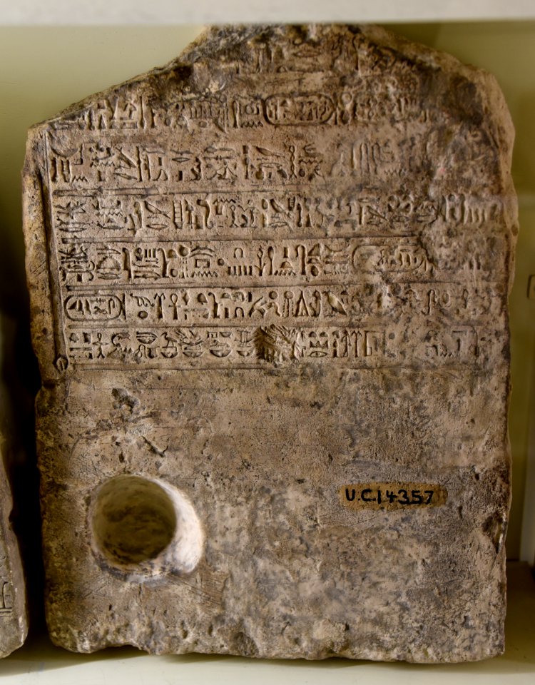 Limestone stela of a high priest of god Ptah. It bears the cartouches of Cleopatra and Caesarion. From Egypt. Ptolemaic Period. The Petrie Museum of Egyptian Archaeology, London