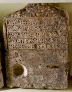 Limestone stela of a high priest of god Ptah. It bears the cartouches of Cleopatra and Caesarion. From Egypt. Ptolemaic Period. The Petrie Museum of Egyptian Archaeology, London