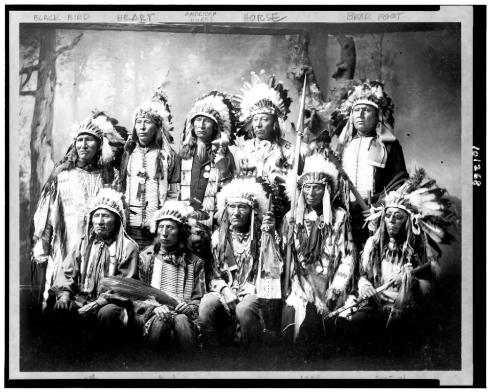 Little Wound and nine other Sioux chiefs wearing feather headdresses and traditional accessories LCCN90710572
