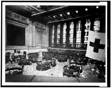 Littered floor of Stock Exchange after market session, New York City LCCN94509160