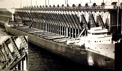 Loading high grade iron ore into the SS Frank Armstrong, Superior, Wisconsin, 1946 (27921057202)