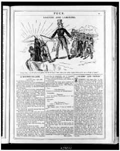 Loafers and laborers. Uncle Sam-(At the end of his patience and his territory) Now, durn your pesky copper skins, you've got to work or jump! LCCN90714777