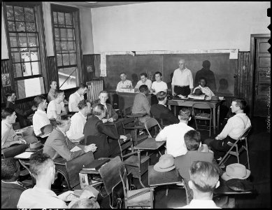 Local UMWA union meeting is held on Sunday morning in schoolhouse. Inland Steel Company, Wheelwright ^1 & 2 Mines... - NARA - 541440