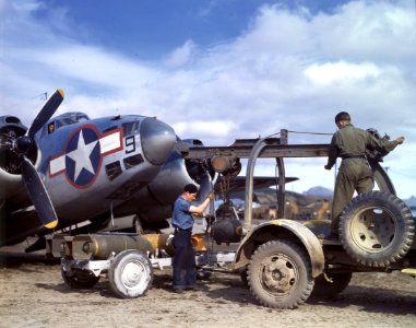 Lockheed PV-1 Ventura is loaded with bombs at an Aleutians airbase, circa in the summer of 1943 (80-G-K-14626) photo