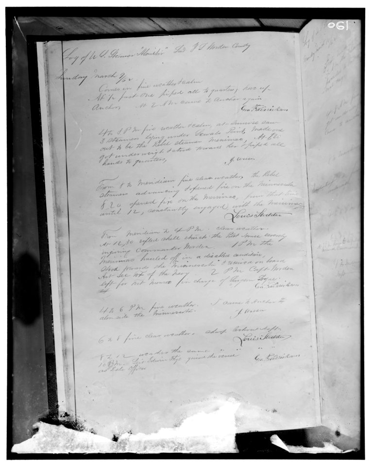 Log of U.S. Steamer 'Monitor,' Lieut. J.L. Worden, Comd. Sunday March 9-'62 LOC hec.13329