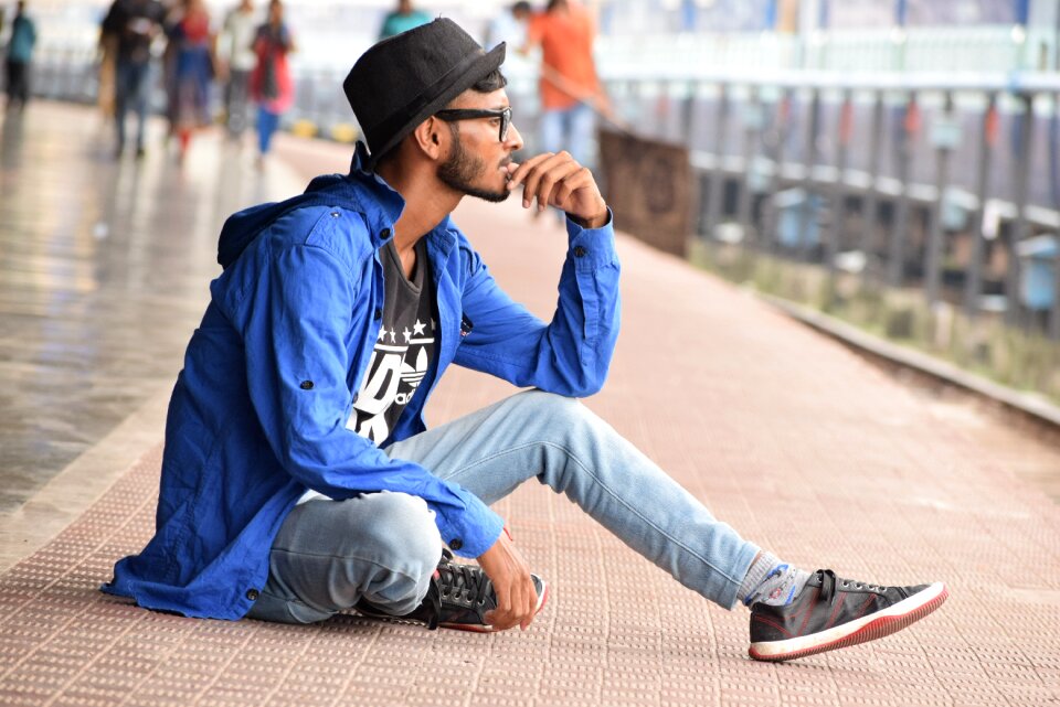 Thinking man fedora glasses photo