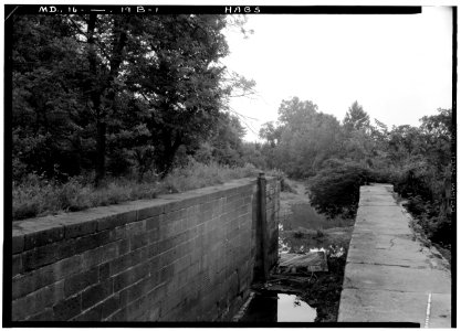 Lock 18 in Great Falls, historical, looking downstream, from HABS