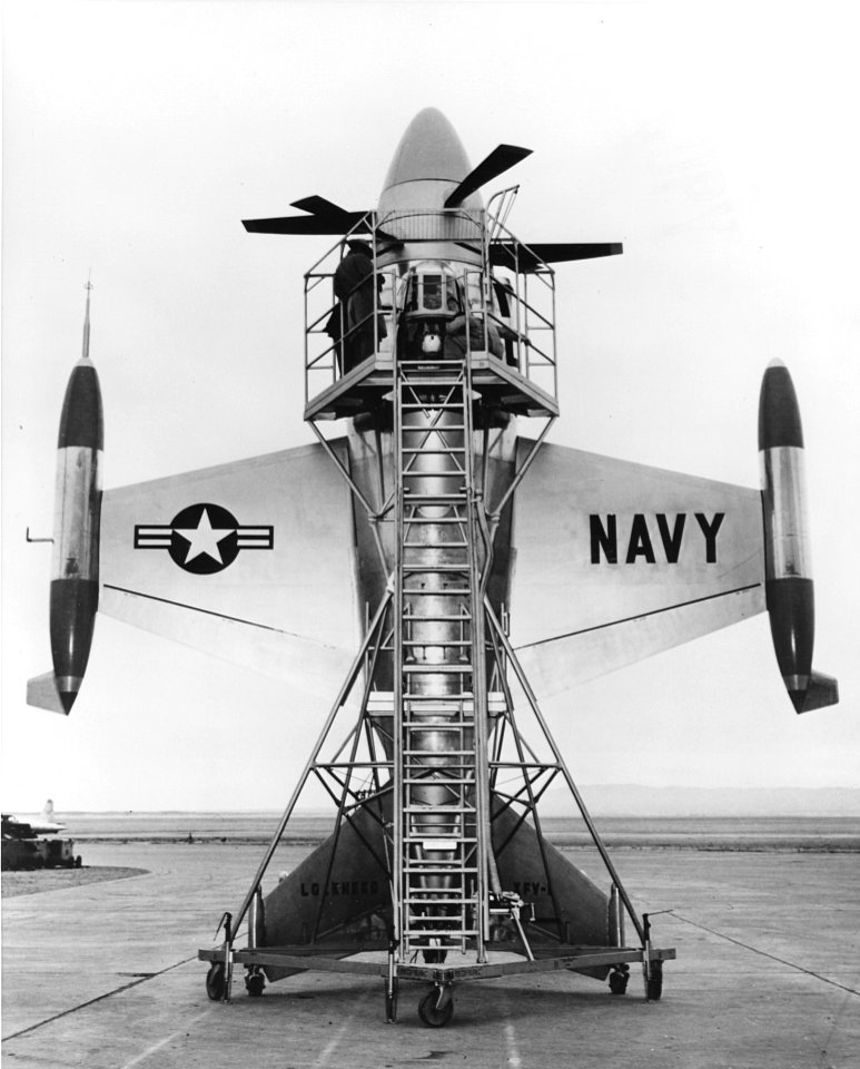 Lockheed XFV-1 with maintenance rack in 1952