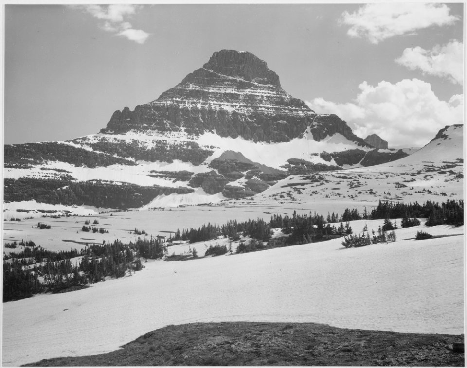 Looking across barren land to mountains, From Logan Pass, Glacier National Park, Montana., 1933 - 1942 - NARA - 519864