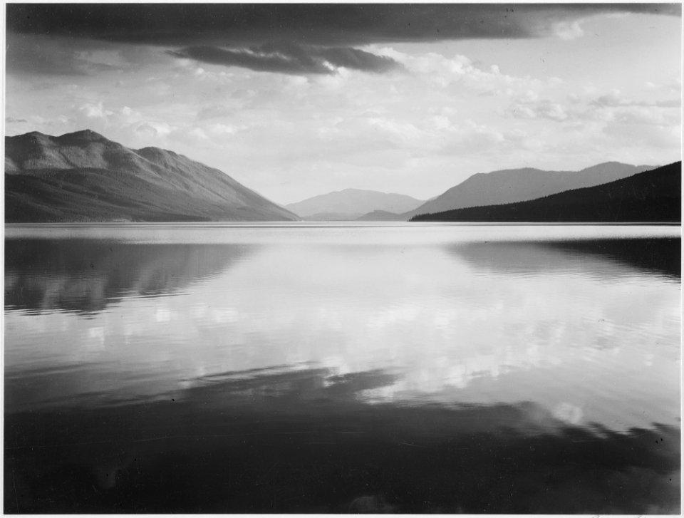 Looking across lake toward mountains, Evening, McDonald Lake, Glacier National Park, Montana., 1933 - 1942 - NARA - 519861