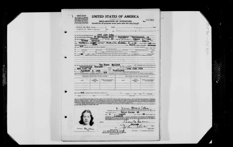 Loni Alma Cohn Declaration of Intention from 1942