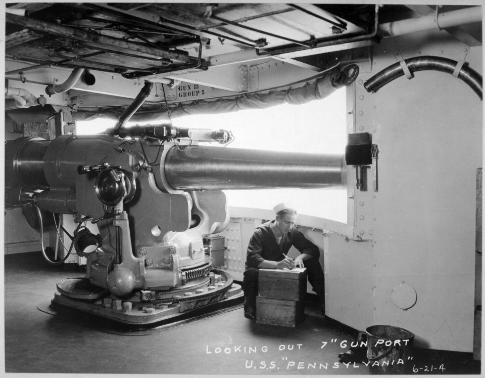 Looking out 7 gun port, U.S.S. Pennsylvania. Navy Bureau of Construction & Repair. - NARA - 533691
