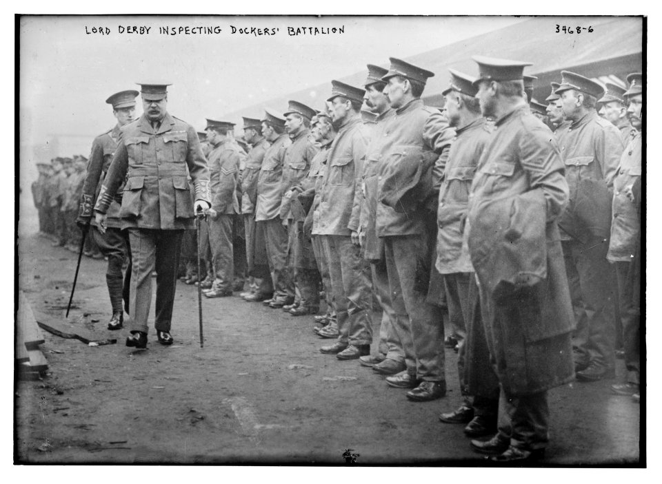 Lord Derby inspecting Dockers' Battalion LCCN2014698993