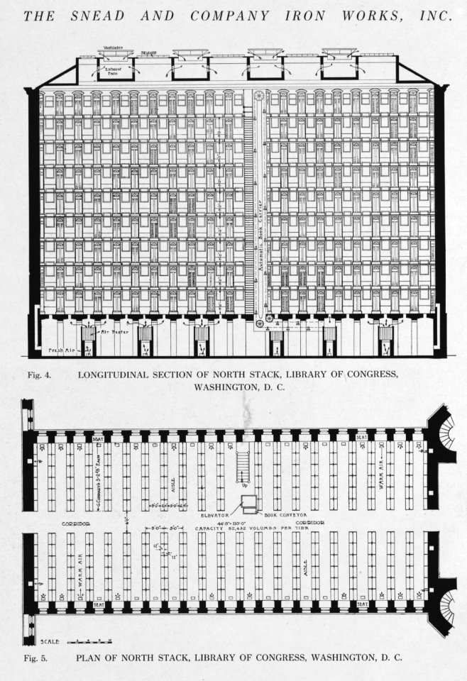Longitudinal section of north stack, Library of Congress, Washington, D.C. (fig. 4) ; Plan of north stack, Library of Congress, Washington, D.C. (fig. 5) LCCN2007682525