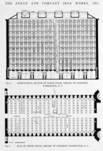 Longitudinal section of north stack, Library of Congress, Washington, D.C. (fig. 4) ; Plan of north stack, Library of Congress, Washington, D.C. (fig. 5) LCCN2007682525