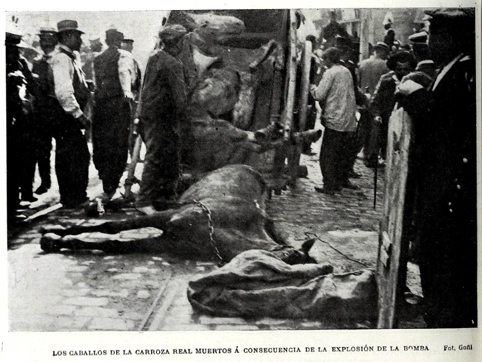 Los caballos de la carroza real muertos a consecuencia de la explosión de la bomba, de Goñi, Blanco y Negro, 02-06-1906