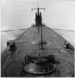 Looking forward along deck from stern of U.S. submarine off coast of New London, Connecticut - NARA - 520847